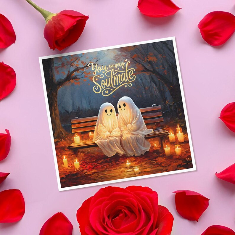 May include: A greeting card with a whimsical illustration of two ghosts sitting on a bench in a forest. The ghosts are smiling and holding hands. The text on the card reads "You are my soulmate".