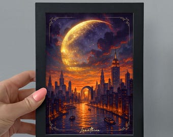 Puede incluir: Una impresión artística enmarcada que representa un paisaje urbano al atardecer, con una gran luna brillante. La obra de arte presenta un río, edificios y el texto "Jonathan". El marco es negro y el texto "OTHER SIZES AVAILABLE" está en la parte superior.