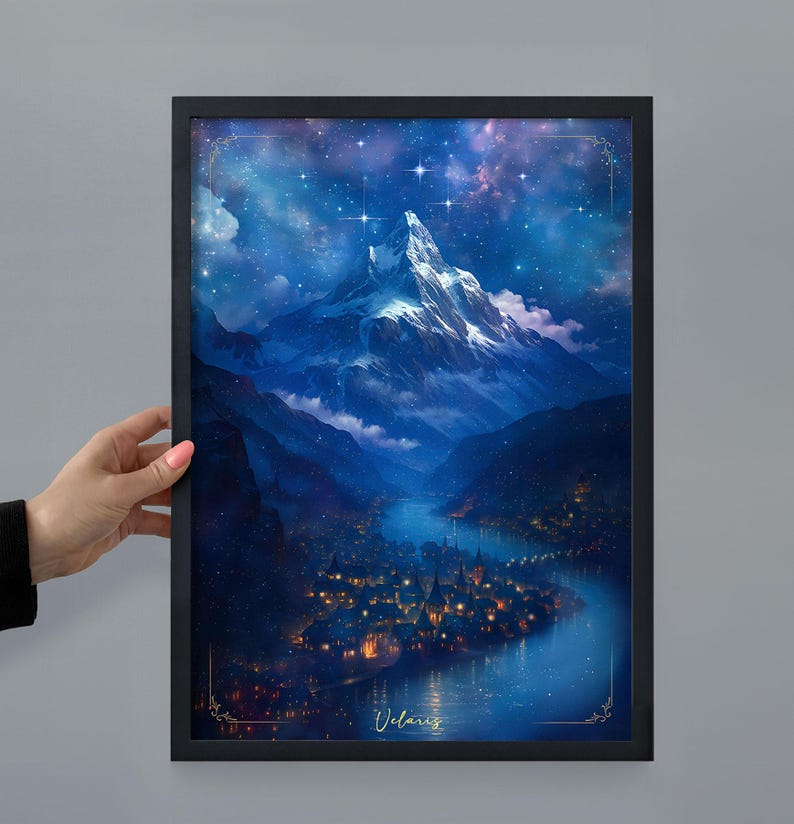 Framed Velaris Bookshelf Decor, Romantasy Art Painting in Frame, Night Court Print, Bookish Acotar Reader Birthday Gift for Library Shelf A3 Black Frame