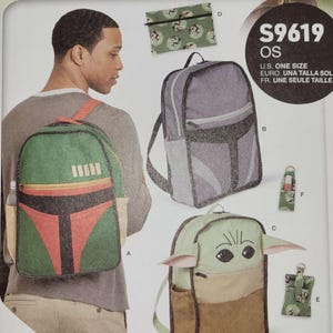 May include: A Simplicity home sewing pattern featuring Star Wars: The Book of Boba Fett backpacks and accessories. The pattern includes designs for a Boba Fett backpack, a Grogu backpack, and other accessories. The pattern is designed and printed in the USA.
