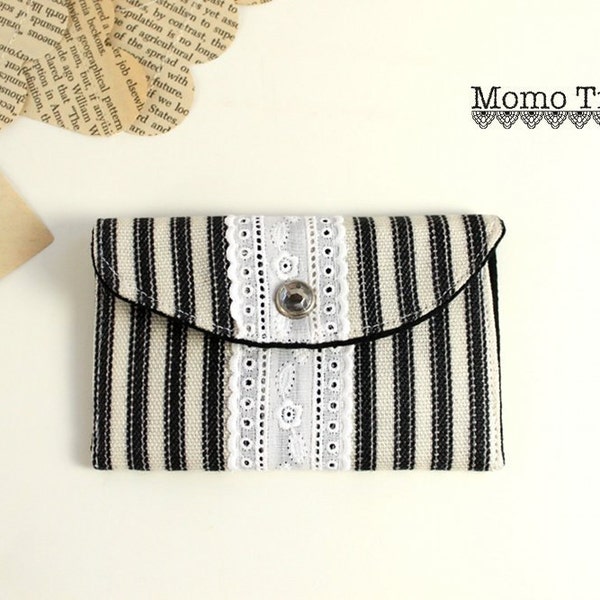 Mini Wallet Card Holder- Women's Fabric Credit Card Wallet- Black and White Ticking- Lace- Rhinestone