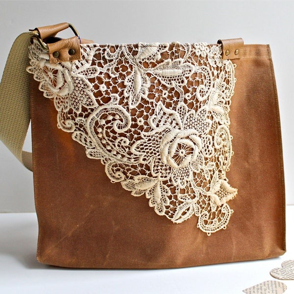 Waxed Canvas Lace Tote Bag -Women's Shoulder Bag - Vintage Lace - Rusty Brown