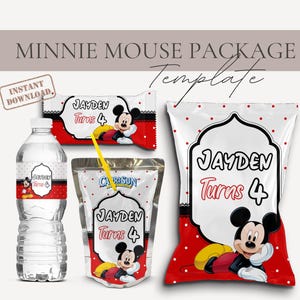 Minnie Mouse Party Package, Minnie Mouse Party Kit Editable Minnie Mouse Chip Bag, Water Bottle Label, Caprisun and Chocolate Canva Template