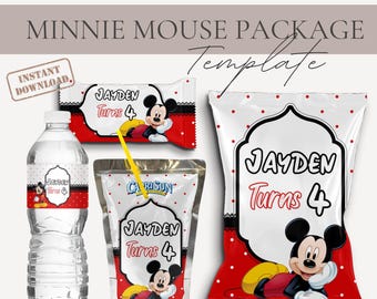 Paquete de fiesta de Minnie Mouse, kit de fiesta de Minnie Mouse, bolsa de papas fritas de Minnie Mouse editable, etiqueta para botella de agua, plantilla de Canva para Caprisun y chocolate