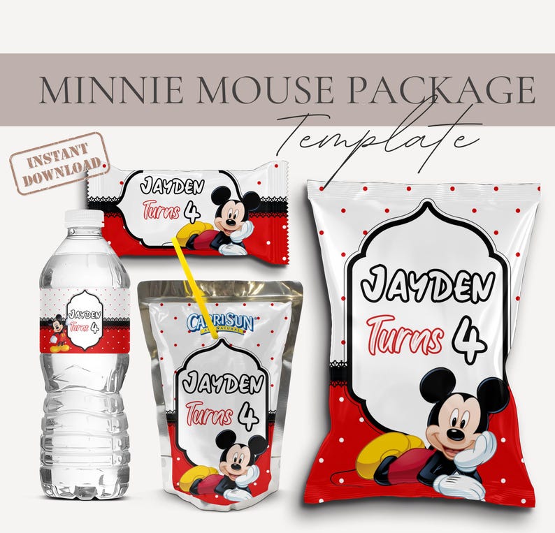 May include: A Minnie Mouse-themed party package featuring a water bottle, candy bar, juice pouch, and a large chip bag. Each item is decorated with a red and white polka dot pattern, a Mickey Mouse graphic, and the text "Jayden Turns 4."
