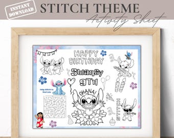 Mantel individual para colorear de cumpleaños de Stitch editable | Mantel individual personalizado con laberinto de puntadas | Hoja de trabajo para colorear para niños | Descarga digital imprimible