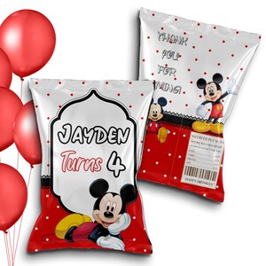 May include: Two party favor bags with a Mickey Mouse theme. One bag says "Jayden Turns 4" and features Mickey Mouse. The other bag says "Thank You For Coming!" and has Mickey Mouse. Red balloons are in the background.
