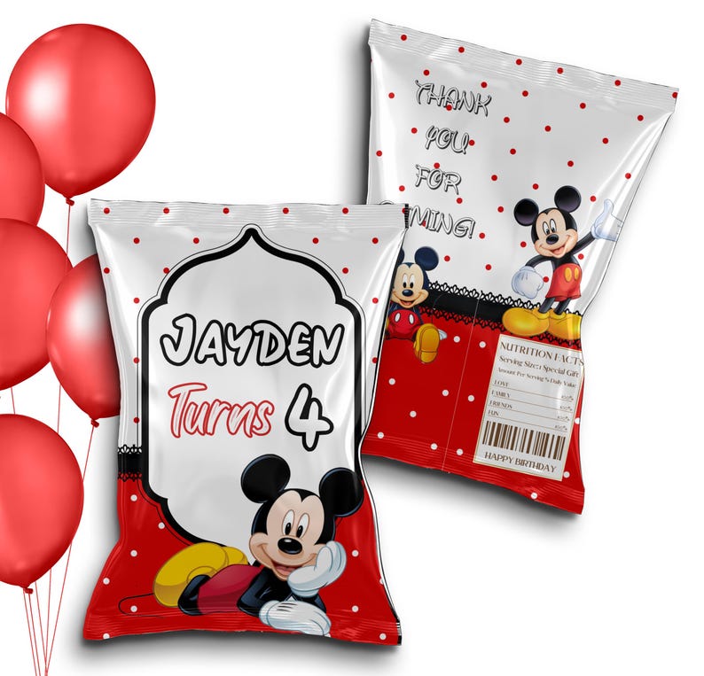 May include: Two party favor bags with a Mickey Mouse theme. One bag says "Jayden Turns 4" and features Mickey Mouse. The other bag says "Thank You For Coming!" and has Mickey Mouse. Red balloons are in the background.