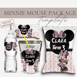 Minnie Mouse Party Package, Minnie Mouse Party Kit Editable Minnie Mouse Chip Bag, Water Bottle Label, Caprisun and Chocolate Canva Template