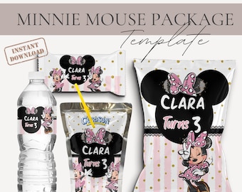 Paquete de fiesta de Minnie Mouse, kit de fiesta de Minnie Mouse, bolsa de papas fritas de Minnie Mouse editable, etiqueta para botella de agua, plantilla de Canva para Caprisun y chocolate