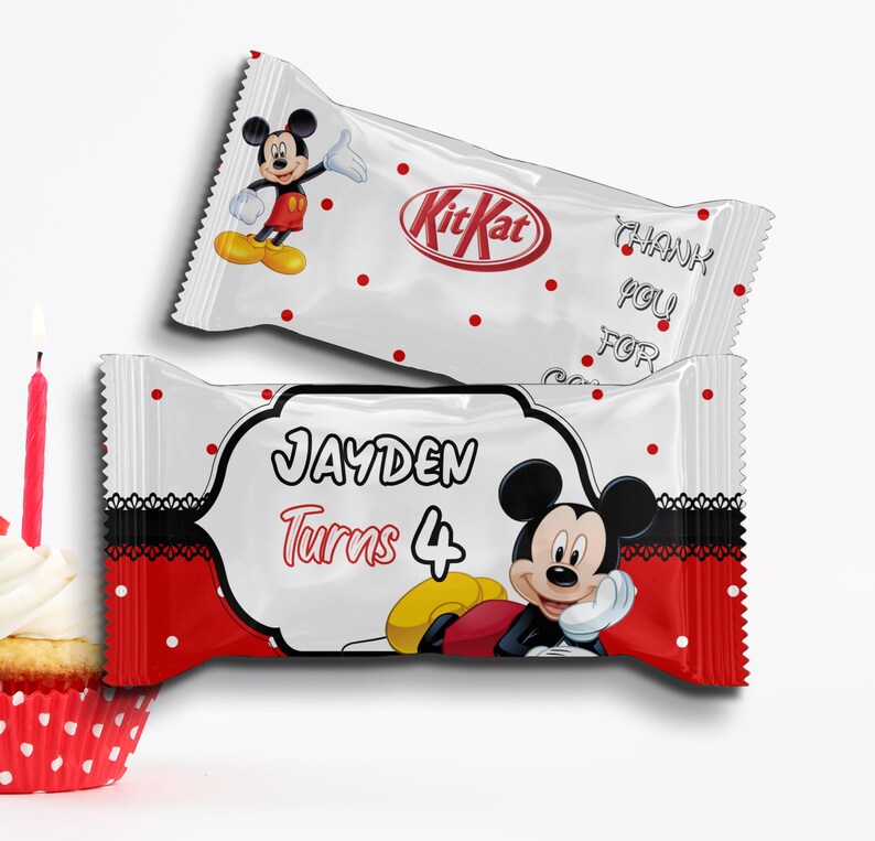 May include: Two Kit Kat candy bars with Mickey Mouse graphics. One bar has the text "Thank You For" and the other says "Jayden Turns 4". The wrappers are white with red polka dots and red accents.