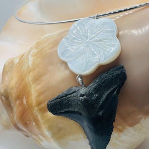 Shark Tooth Choker Necklace: Hemipristus Serra, Mother of Pearl Flower