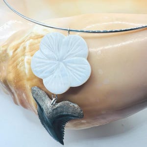 Shark Tooth Choker Necklace: Hemipristus Serra, Mother of Pearl Flower