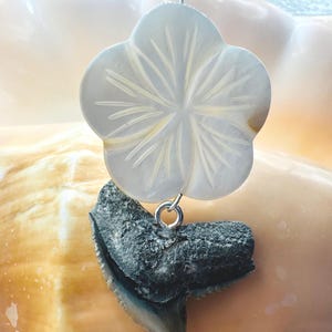 Tiger Shark Tooth Choker: Mother of Pearl Flower, Silver Finish