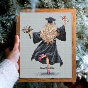Graduation cross stitch pattern pdf, girl in heels in a robe with a bouquet of flowers, graduation gifts for her college