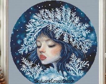 Winter Girl Cross Stitch Pattern, Snow Queen Embroidery PDF, Ice Princess Counted Cross Stitch, Fantasy Portrait Needlework Instant Download