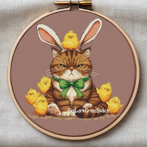 Сross Stitch Pattern pdf format funny grumpy Сat with bunny ears and a bunch of chickens, Easter craft decor or gift for mom, grandma
