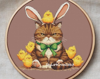 Сross Stitch Pattern pdf format funny grumpy Сat with bunny ears and a bunch of chickens, Easter craft decor or gift for mom, grandma