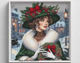 Victorian Christmas Lady Cross Stitch Pattern PDF – Vintage Winter Woman Embroidery – Elegant Holiday Needlepoint – Instant Download