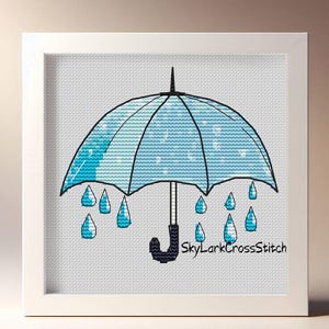Umbrella Cross Stitch pattern PDF, Raindrops Weather Needlework Design, Bold Blue Minimal Stitch Chart for Instant Digital Download