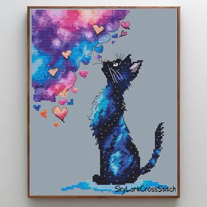 Kreuzstich Stickmuster, bezauberndes Kreuzstich Stickmuster mit Herzen, Sternenmuster, kosmische Katze, modernes pdf Stickmuster