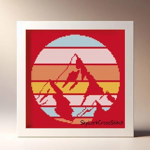 Sunset Mountain Cross Stitch PDF, Striped Retro Landscape Silhouette, Modern Minimal Nature Needlework Design, Instant Digital Stitch Chart