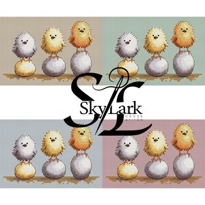 May include: Cross-stitch pattern featuring four panels, each with a different colored background. Each panel shows a chick perched atop a cracked egg. The chicks are white, yellow, and orange. The Sky Lark Cross Stitch logo is in the center.