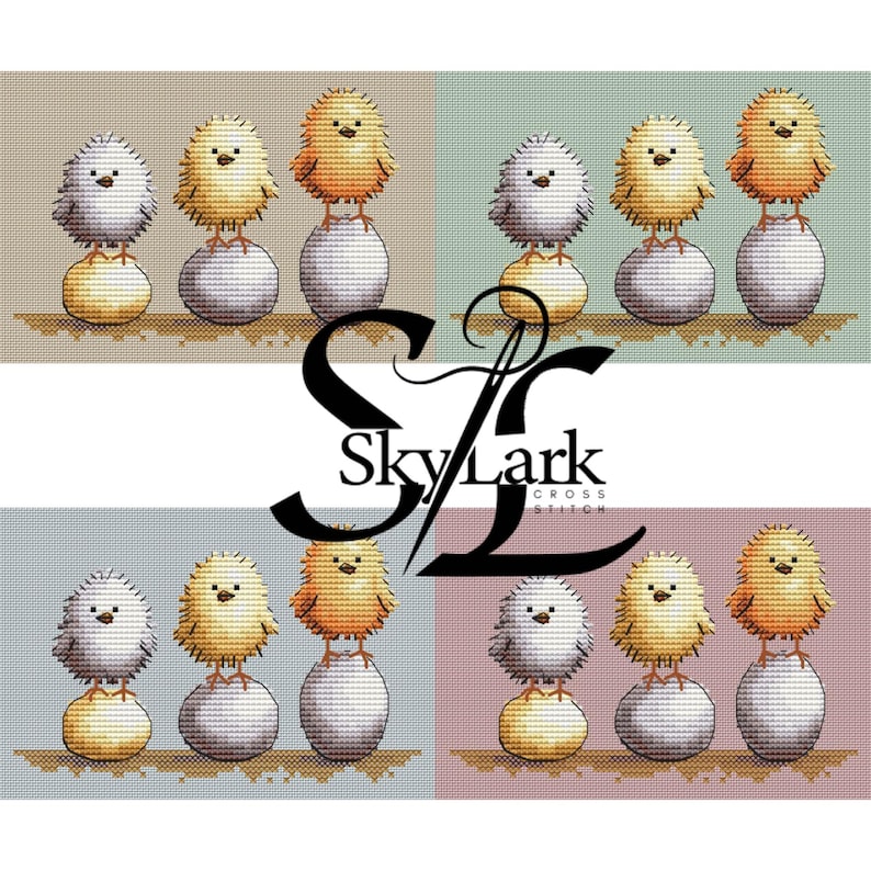 May include: Cross-stitch pattern featuring four panels, each with a different colored background. Each panel shows a chick perched atop a cracked egg. The chicks are white, yellow, and orange. The Sky Lark Cross Stitch logo is in the center.