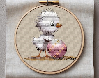 Cross stitch pattern, fluffy spring chick with painted Easter egg, seasonal holiday PDF, delicate embroidery chart, modern needlework design