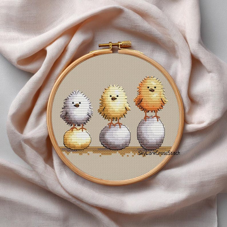 Cross stitch pattern Easter chicks design, holiday bird embroidery, festive egg artwork, spring celebration needlework pattern