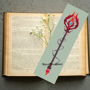 Marque-page baguette de feu, motif PDF au point de croix, broderie avec bâton magique fantastique, carte numérique pour les amateurs de lecture, cadeau geek à téléchargement immédiat