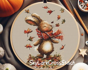 Automne lapin motif point de croix PDF, motif de broderie lapin mignon, feuilles d'automne animal, cadeau déco bricolage automne confortable