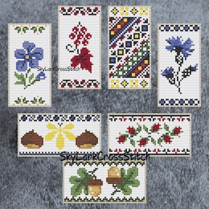 Set of 7 Small ukrainian botanical ornaments easy for begginers, Ukrainian Cross Stitch Bookmark Patterns, pdf format