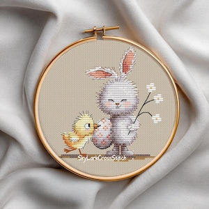 Cross Stitch Easter Bunny And Chick Pattern, Cute Spring Animals Embroidery PDF, Easter Egg Counted Cross Stitch Chart