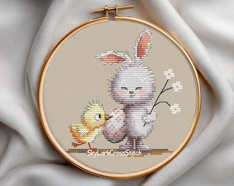 Cross Stitch Easter Bunny And Chick Pattern, Cute Spring Animals Embroidery PDF, Easter Egg Counted Cross Stitch Chart