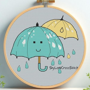 Umbrella Embroidery PDF, Dual Umbrellas with Raindrops, Playful Weather Needlework Design, Instant Digital Stitch Chart
