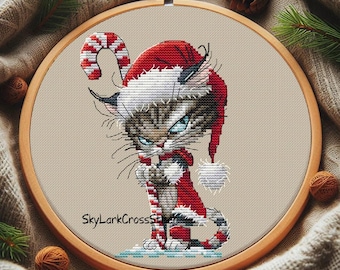 Christmas Cat Cross Stitch Pattern PDF – Funny Santa Kitten Embroidery, Cute Holiday Needlepoint, Xmas Animal Stitch Design