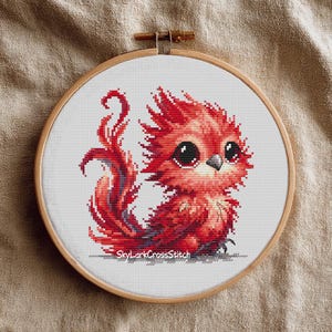 Kreuzstich Stickmuster mit schönem Feuer, rotes Fantasie Wesen, Stickdatei, phantastischer Feuervogel, PDF Stickdatei
