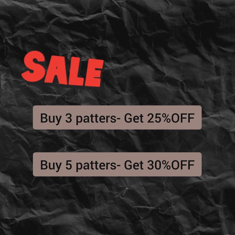 May include: Red "SALE" text on a dark, textured background. Below, two rectangular boxes display promotional offers: "Buy 3 patters - Get 25% OFF" and "Buy 5 patters - Get 30% OFF".