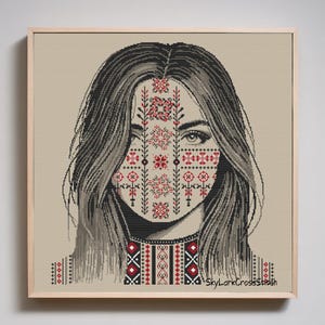 Patrón abstracto de punto de cruz de rostro de mujer ucraniana, bordado de retrato moderno en PDF, arte lineal floral femenino en punto de cruz contado