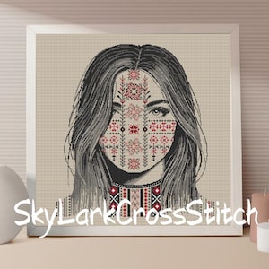 Abstract Ukrainian Woman Face Cross Stitch Pattern, Modern Portrait Embroidery PDF, Floral Female Line Art Counted Cross Stitch