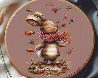 Autumn Bunny Cross Stitch Pattern – Cute Rabbit Embroidery PDF, Fall Leaves Cozy Stitch Design, Instant Download