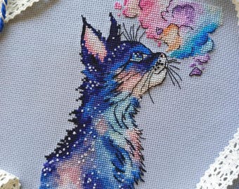 Сross stitch pattern galaxy cat, space fantasy cat, rainbow cat of the universe. Watercolor Animal PDF, Embroidery Design Art or Wall Decor