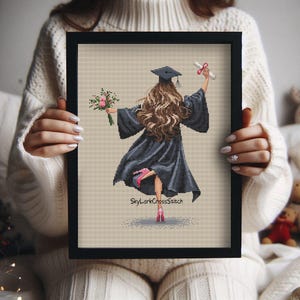 Graduation Girl Cross Stitch Pattern, graduate in a gown with a bouquet of flowers and in heels PDF Embroidery Design – Modern Needlepoint