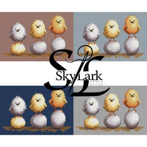 May include: Cross-stitch pattern featuring four panels, each with three chicks atop eggs. The chicks are white, yellow, and orange. The background colors are brown, blue, and gray. The text "Sky Lark Cross Stitch" is in the center.