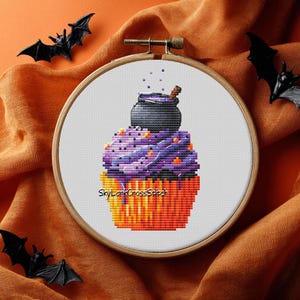 Kreuzstichmuster Halloween-Cupcake-Kessel, gruselige Leckerei, Hexentrank-Dessert, Sofort-Download