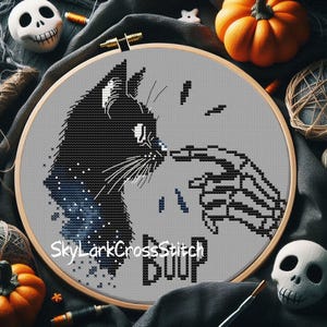 Сross stitch pattern black cat with skeleton hand, cosmic magic cat for Halloween as a decor or gift, Digital Download pdf format