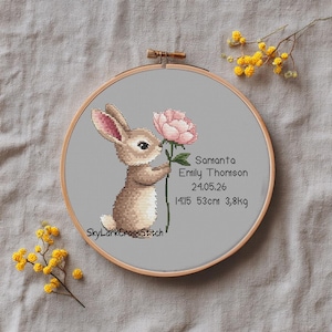 Baby Birth Cross Stitch Pattern, Custom Name Rabbit Embroidery PDF, Newborn Keepsake Needlework, Personalized , Instant Download
