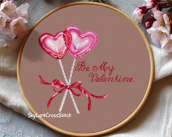 Valentine Heart Balloons Cross Stitch Pattern PDF, Romantic Love Embroidery Design with Ribbon and Script