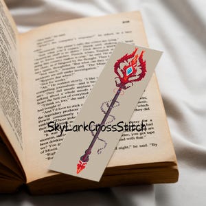 Marcapáginas de bastón de fuego mágico, diseño de arma encantada, arte de hechicero de fantasía, gráfico de bordado poderoso, patrón de punto de cruz digital